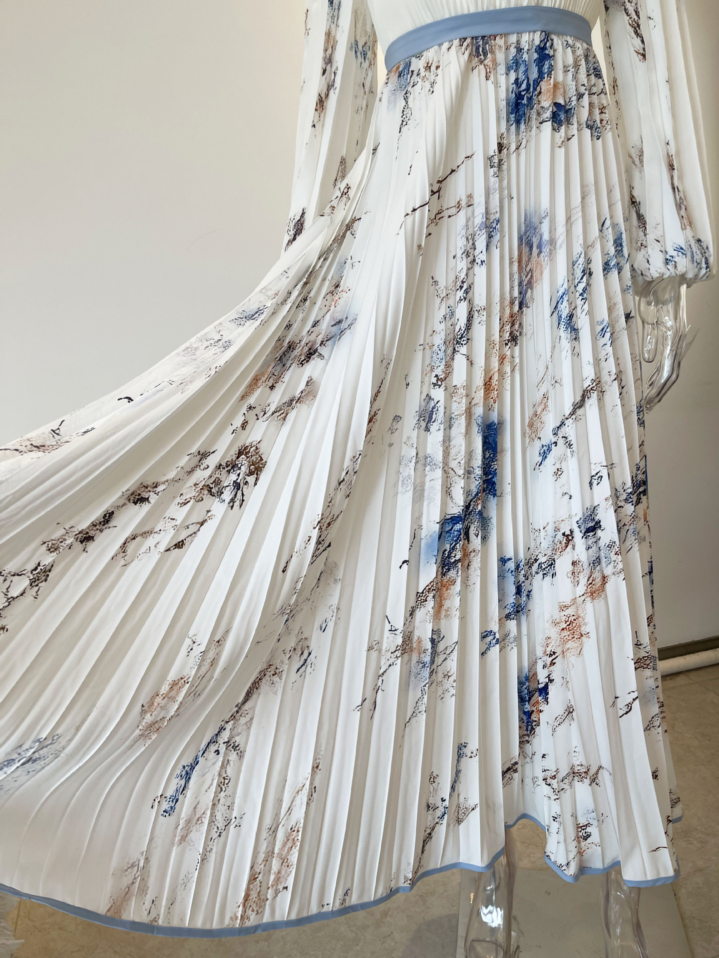 Elegant Floral Maxi Dress Women Long Sleeve Boho A-Line Pleated Dresses